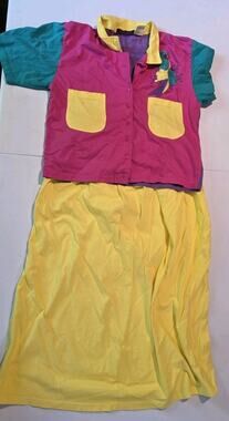 Vintage 2 Piece Parrot Skirt Set Women Large Colorblock Tropical Button Shirt